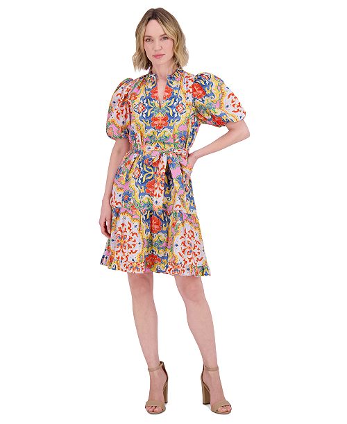 Vince Camuto Women's Printed Cotton Tie-Waist A-Line Dress Women's Fashion Shoes & Accessories