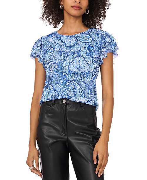Vince Camuto Women's Printed Flutter-Sleeve Top Women's Fashion Shoes & Accessories
