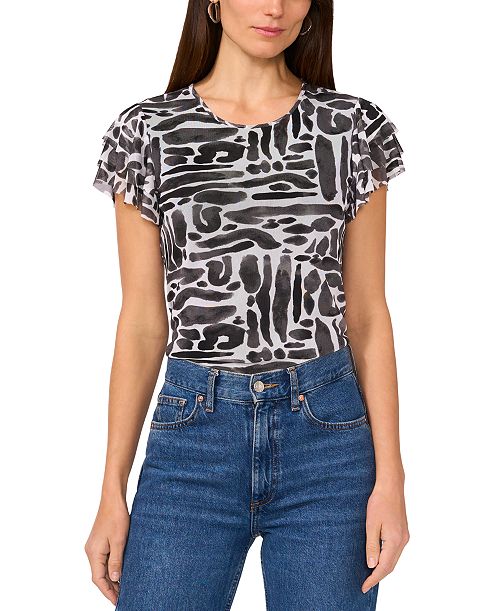 Vince Camuto Women's Printed Flutter-Sleeve Top Women's Fashion Shoes & Accessories