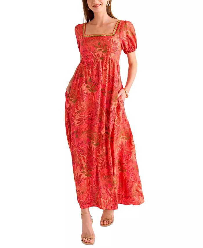 Vince Camuto Women's Printed Square-Neck Maxi Dress Women's Fashion Shoes & Accessories