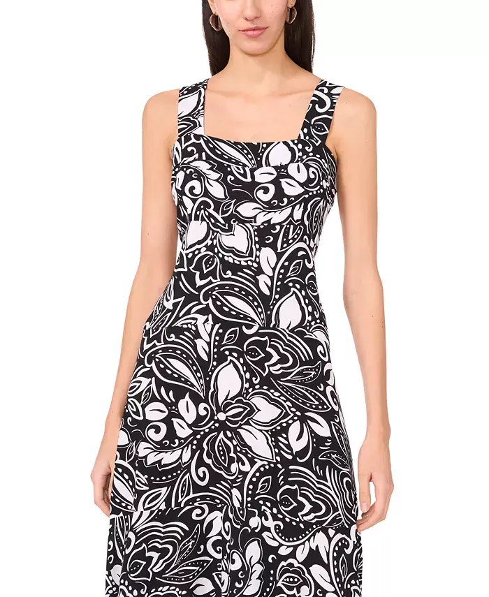 Vince Camuto Women's Printed Square-Neck Smocked-Back Sleeveless Maxi Dress Women's Fashion Shoes & Accessories