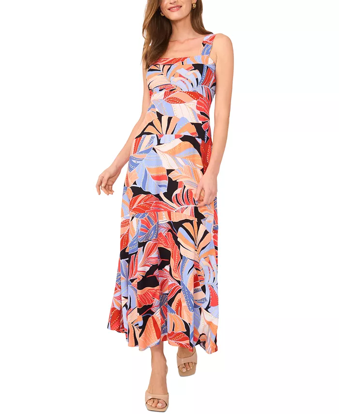 Vince Camuto Women's Printed Square-Neck Smocked-Back Sleeveless Maxi Dress Women's Fashion Shoes & Accessories