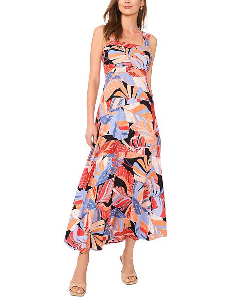 Vince Camuto Women's Printed Square-Neck Smocked-Back Sleeveless Maxi Dress Women's Fashion Shoes & Accessories