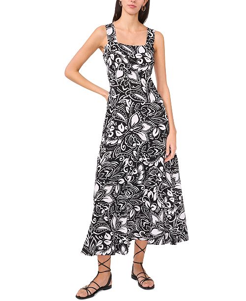 Vince Camuto Women's Printed Square-Neck Smocked-Back Sleeveless Maxi Dress Women's Fashion Shoes & Accessories