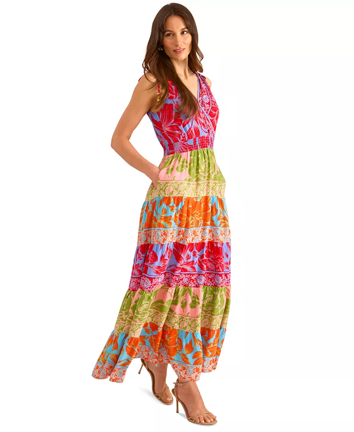 Vince Camuto Women's Printed Surplice-Neck Maxi Dress Women's Fashion Shoes & Accessories
