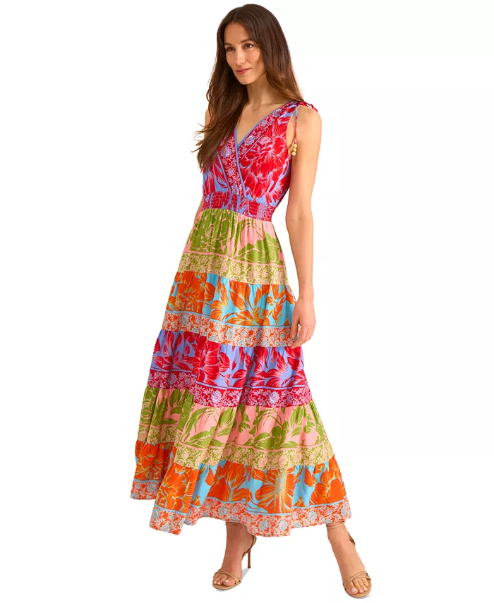 Vince Camuto Women's Printed Surplice-Neck Maxi Dress Women's Fashion Shoes & Accessories