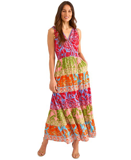 Vince Camuto Women's Printed Surplice-Neck Maxi Dress Women's Fashion Shoes & Accessories