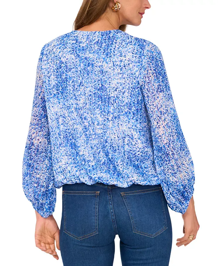 Vince Camuto Women's Printed V-Neck Balloon-Sleeve Faux-Wrap Top Women's Fashion Shoes & Accessories