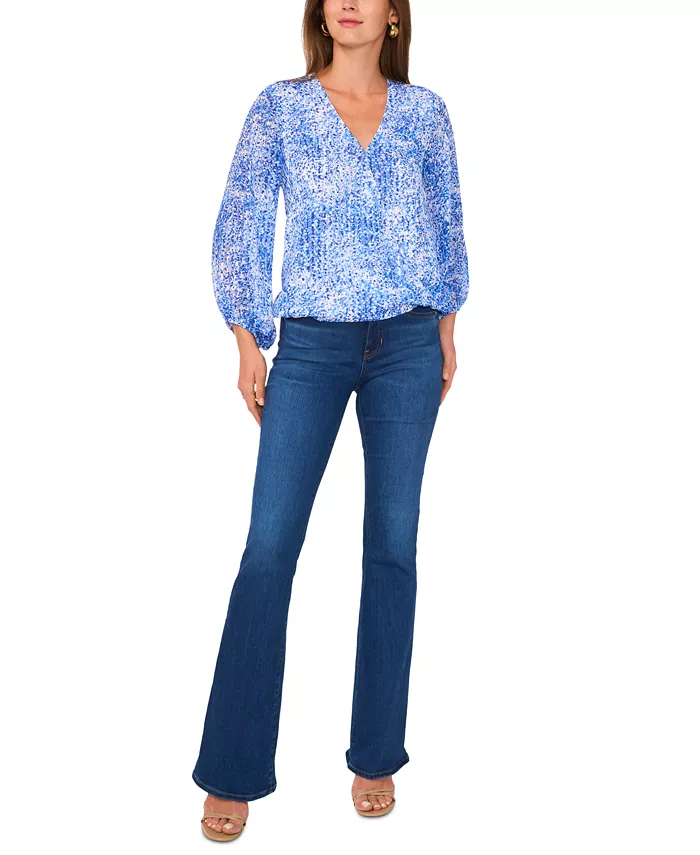 Vince Camuto Women's Printed V-Neck Balloon-Sleeve Faux-Wrap Top Women's Fashion Shoes & Accessories