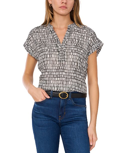 Vince Camuto Women's Printed V-Neck Cap-Sleeve Top Women's Fashion Shoes & Accessories