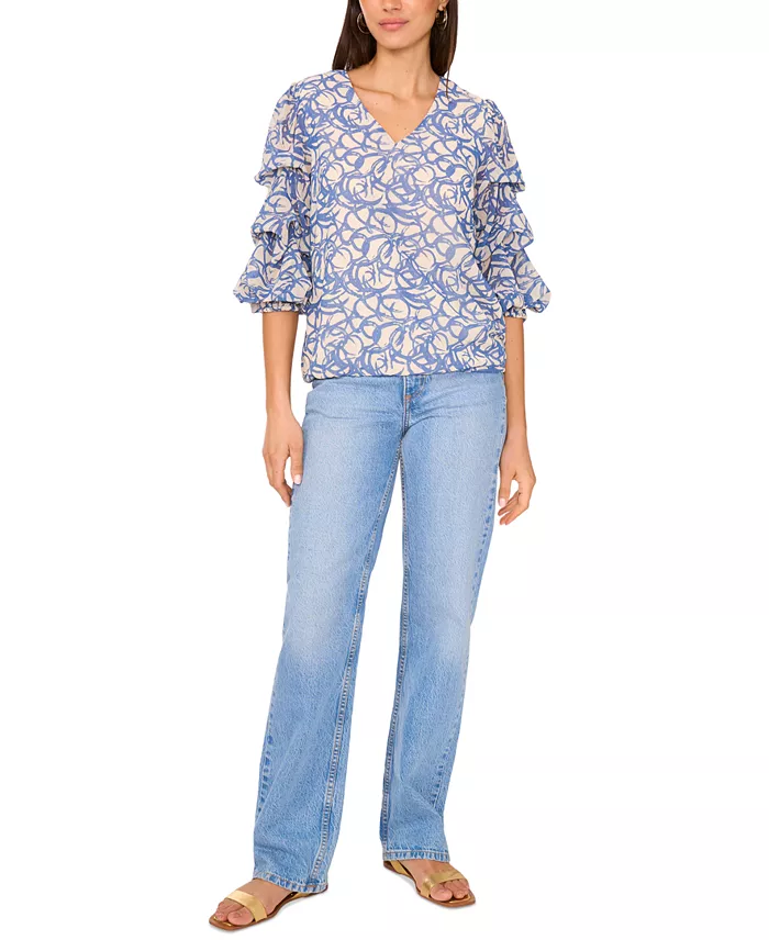 Vince Camuto Women's Printed V-Neck Lantern-Sleeve Top Women's Fashion Shoes & Accessories
