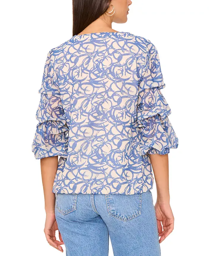 Vince Camuto Women's Printed V-Neck Lantern-Sleeve Top Women's Fashion Shoes & Accessories