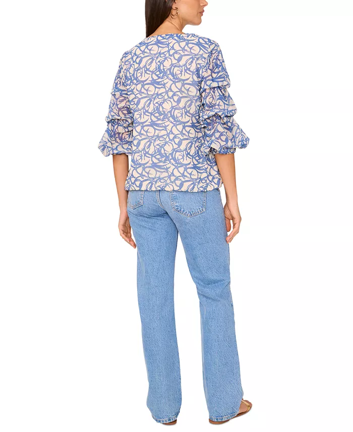 Vince Camuto Women's Printed V-Neck Lantern-Sleeve Top Women's Fashion Shoes & Accessories
