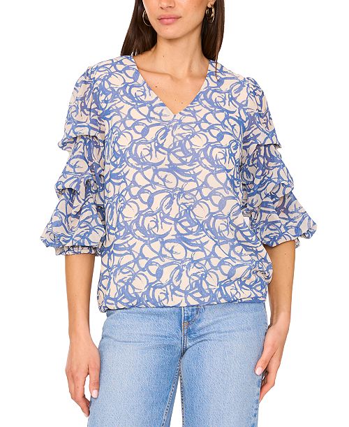 Vince Camuto Women's Printed V-Neck Lantern-Sleeve Top Women's Fashion Shoes & Accessories