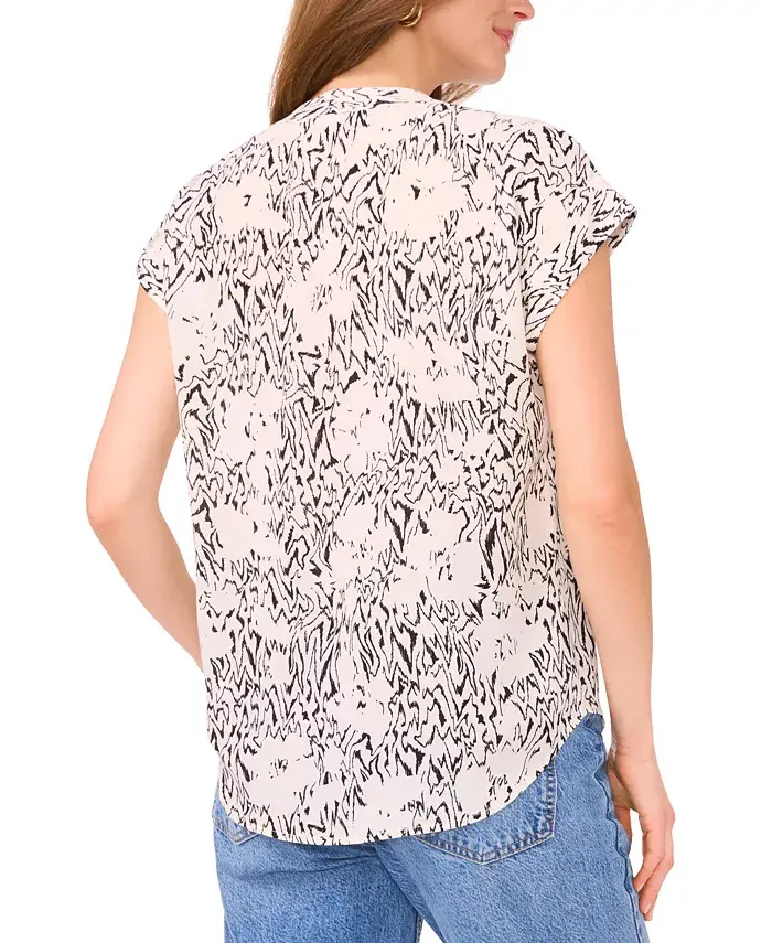Vince Camuto Women's Printed V-Neck Placket Blouse Women's Fashion Shoes & Accessories