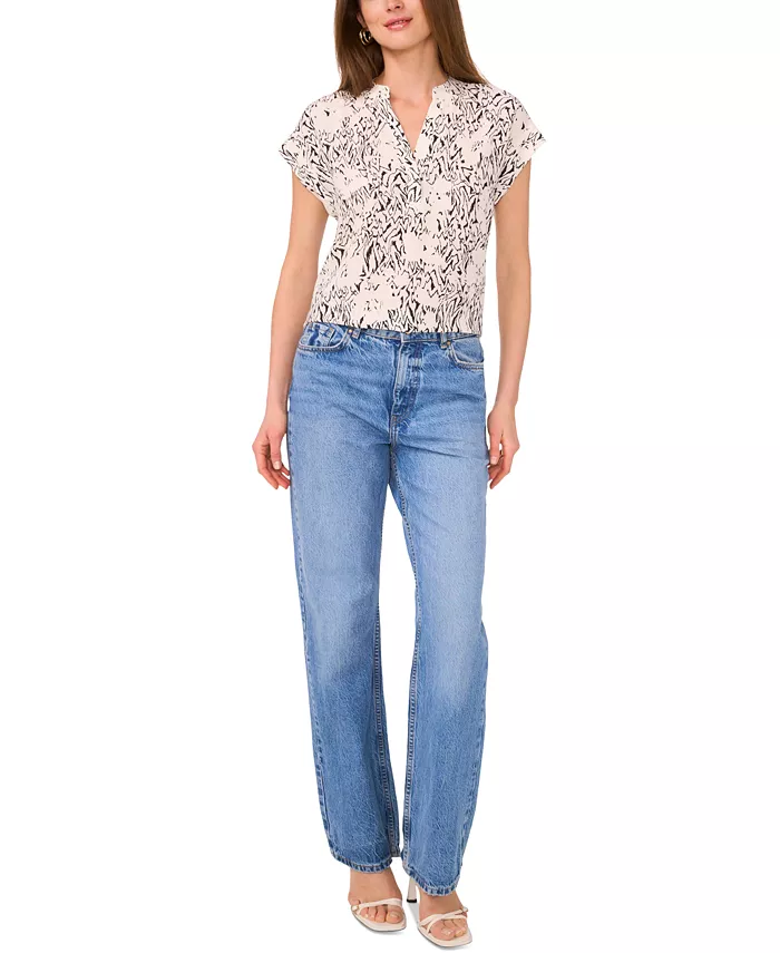 Vince Camuto Women's Printed V-Neck Placket Blouse Women's Fashion Shoes & Accessories