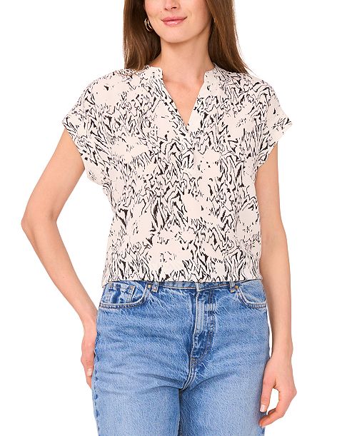 Vince Camuto Women's Printed V-Neck Placket Blouse Women's Fashion Shoes & Accessories