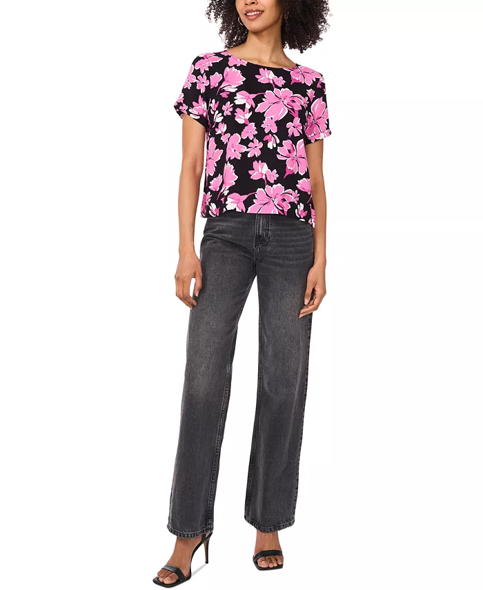Vince Camuto Women's Rolled-Cuff Printed Blouse Women's Fashion Shoes & Accessories