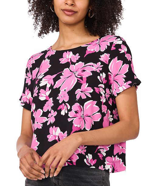 Vince Camuto Women's Rolled-Cuff Printed Blouse Women's Fashion Shoes & Accessories