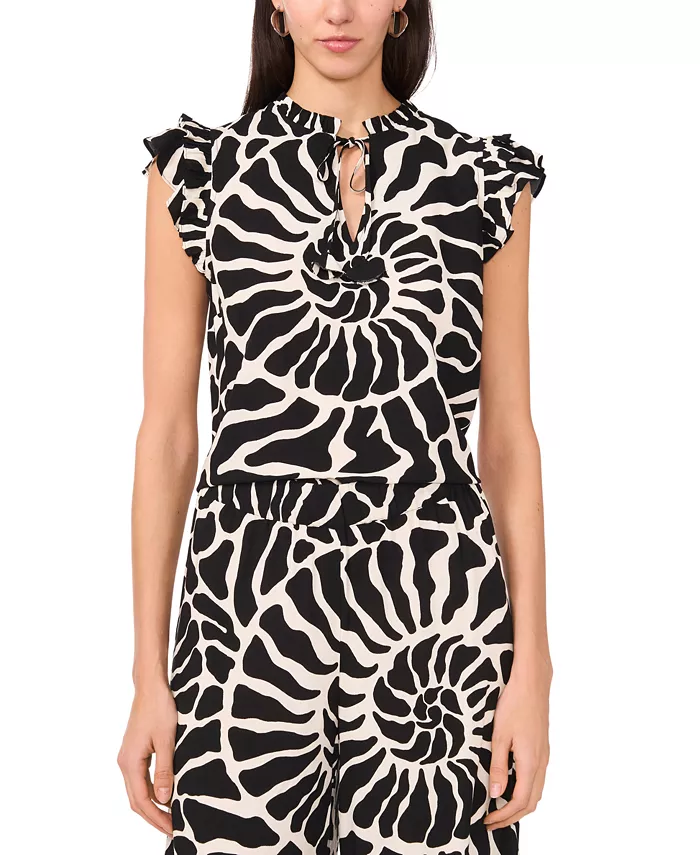 Vince Camuto Women's Spiral-Print Ruffle-Trim Split-Neck Top Women's Fashion Shoes & Accessories