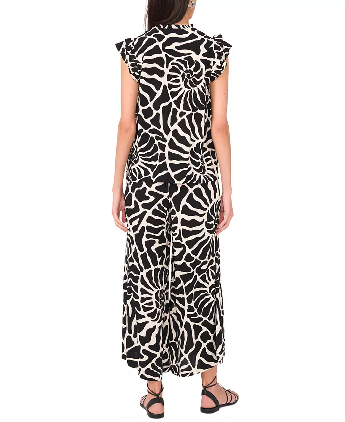 Vince Camuto Women's Spiral-Print Ruffle-Trim Split-Neck Top Women's Fashion Shoes & Accessories