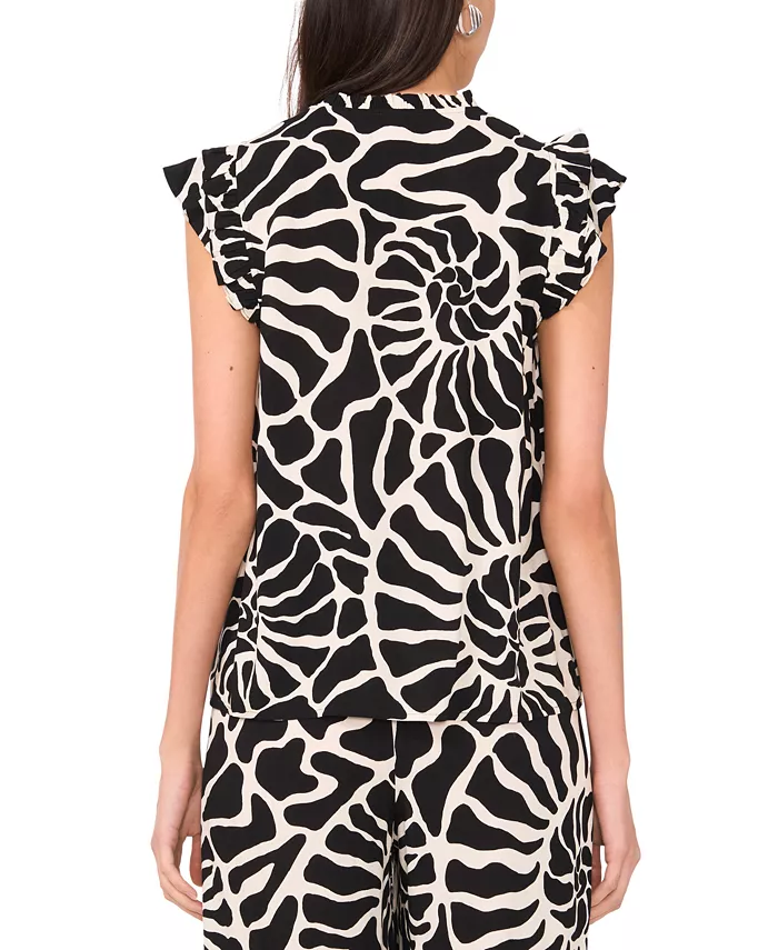 Vince Camuto Women's Spiral-Print Ruffle-Trim Split-Neck Top Women's Fashion Shoes & Accessories