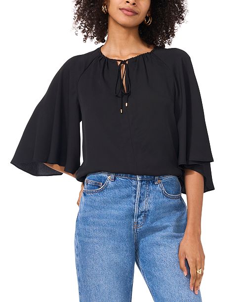 Vince Camuto Women's Split-Neck 3/4-Angel-Sleeve Blouse Women's Fashion Shoes & Accessories