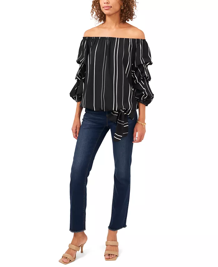Vince Camuto Women's Striped Off-The-Shoulder Bubble 3/4-Sleeve Tie-Front Blouse Women's Fashion Shoes & Accessories