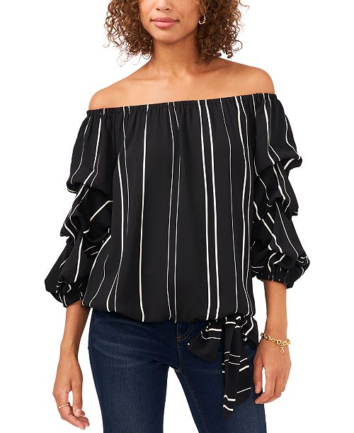 Vince Camuto Women's Striped Off-The-Shoulder Bubble 3/4-Sleeve Tie-Front Blouse Women's Fashion Shoes & Accessories