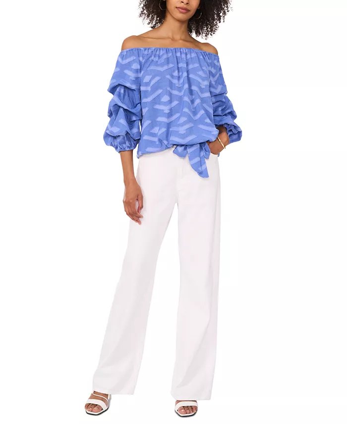 Vince Camuto Women's Textured Off-The-Shoulder Bubble 3/4-Sleeve Tie-Front Blouse Women's Fashion Shoes & Accessories