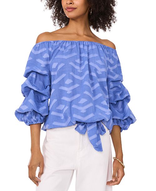 Vince Camuto Women's Textured Off-The-Shoulder Bubble 3/4-Sleeve Tie-Front Blouse Women's Fashion Shoes & Accessories