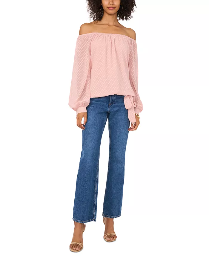 Vince Camuto Women's Textured Off-The-Shoulder Long-Sleeve Tie-Front Blouse Women's Fashion Shoes & Accessories