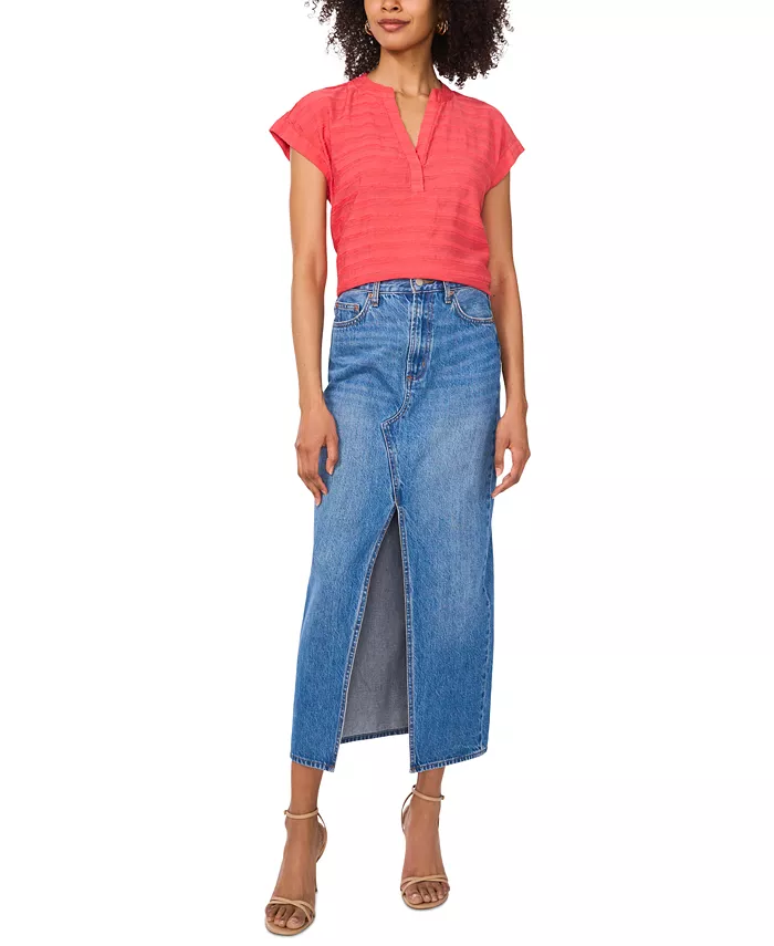 Vince Camuto Women's Textured Split-Neck Cap Sleeve Top Women's Fashion Shoes & Accessories