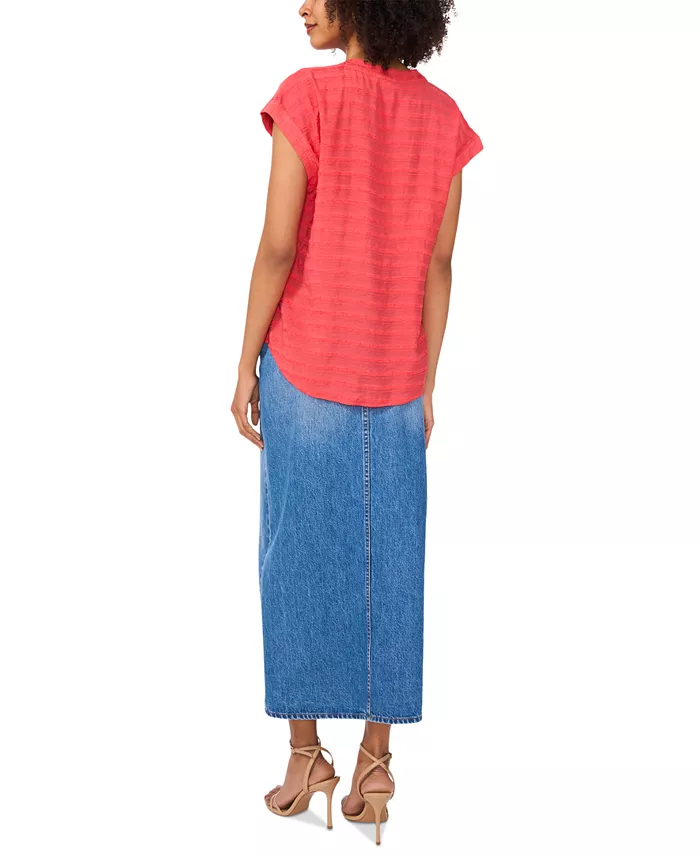 Vince Camuto Women's Textured Split-Neck Cap Sleeve Top Women's Fashion Shoes & Accessories