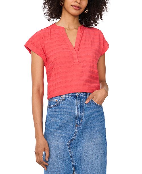 Vince Camuto Women's Textured Split-Neck Cap Sleeve Top Women's Fashion Shoes & Accessories