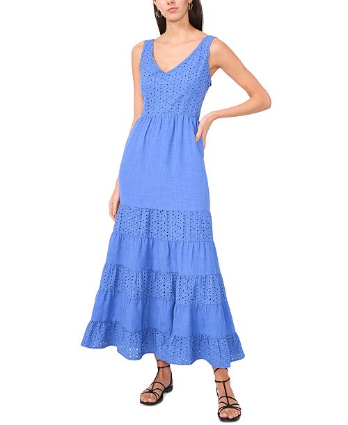 Vince Camuto Women's Tiered Eyelet Maxi Dress Women's Fashion Shoes & Accessories