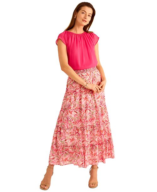 Vince Camuto Women's Tiered Smocked-Waist Maxi Skirt Women's Fashion Shoes & Accessories