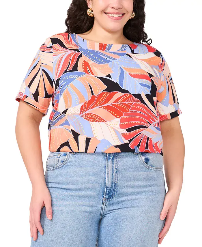 Vince Camuto Women's Tropical-Print Round-Neck Keyhole-Back Cuff-Sleeve Top XS-3X Women's Fashion Shoes & Accessories