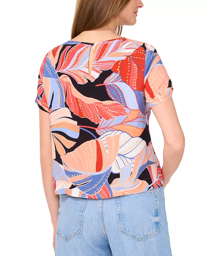 Vince Camuto Women's Tropical-Print Round-Neck Keyhole-Back Cuff-Sleeve Top XS-3X Women's Fashion Shoes & Accessories
