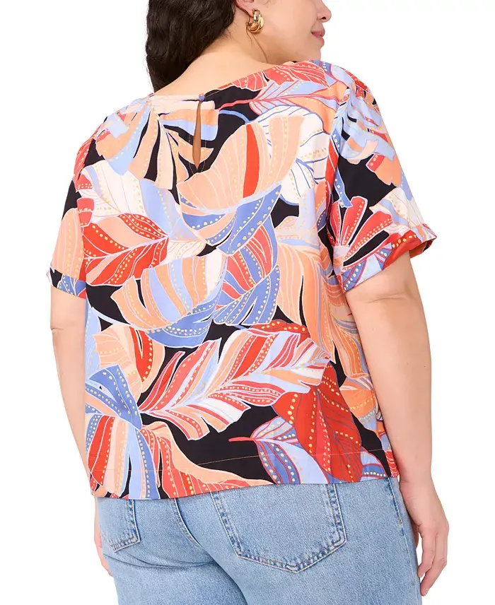 Vince Camuto Women's Tropical-Print Round-Neck Keyhole-Back Cuff-Sleeve Top XS-3X Women's Fashion Shoes & Accessories