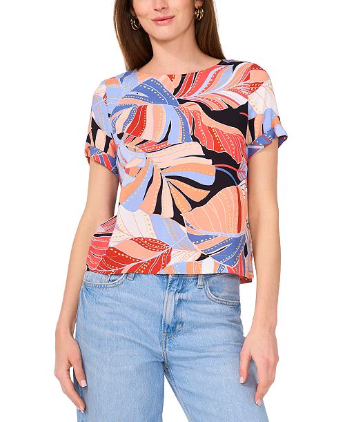 Vince Camuto Women's Tropical-Print Round-Neck Keyhole-Back Cuff-Sleeve Top XS-3X Women's Fashion Shoes & Accessories