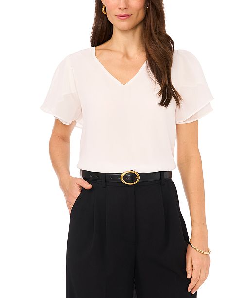 Vince Camuto Women's V-neck Tulip Sleeve Blouse Women's Fashion Shoes & Accessories