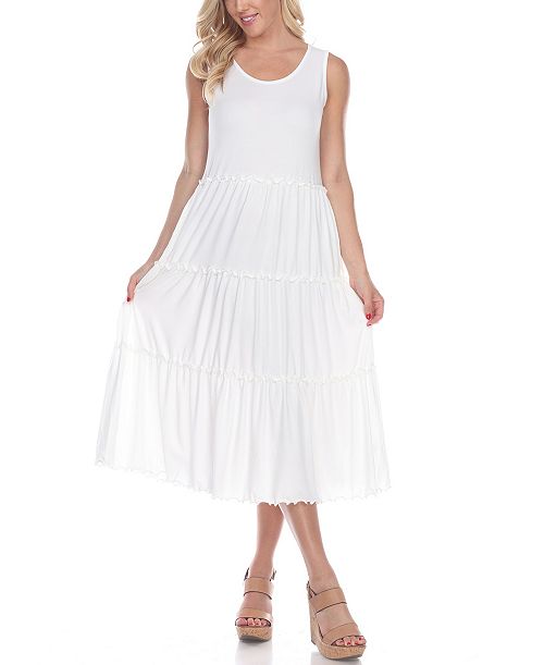 White Mark Women's Scoop Neck Tiered Midi Dress Women's Fashion Shoes & Accessories