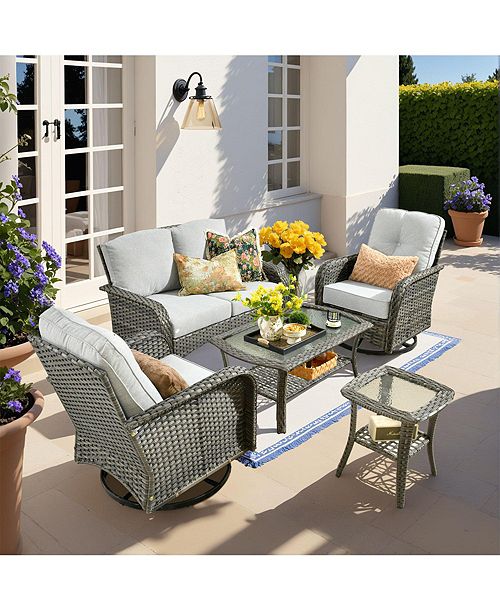 Xizzi 5-Piece Outdoor Wicker Patio Furniture Set Double Resistance Rattan Rocking Chair and Coffee Table Conversation Set for Balcony Backyard and Deck with Soft Cushions and Metal Table All Outdoor & Patio