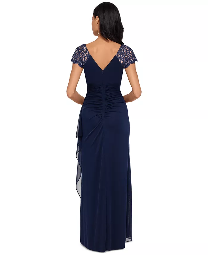 XSCAPE Lace-Sleeve Chiffon Gown Women's Fashion Shoes & Accessories