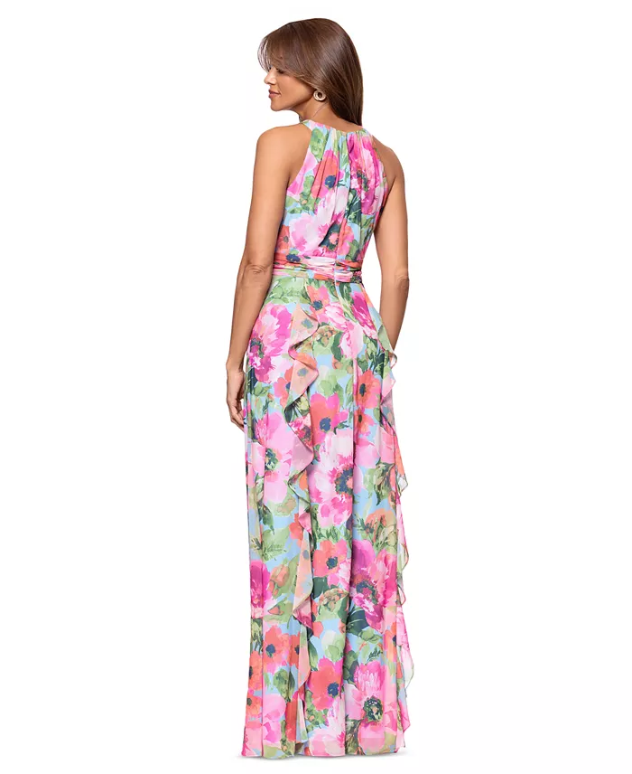 XSCAPE Women's Floral Chiffon Ruffled Tiered Halter Gown Women's Fashion Shoes & Accessories