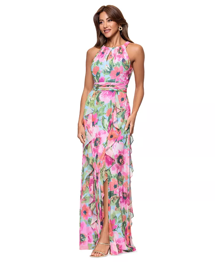 XSCAPE Women's Floral Chiffon Ruffled Tiered Halter Gown Women's Fashion Shoes & Accessories