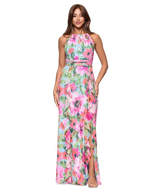 XSCAPE Women's Floral Chiffon Ruffled Tiered Halter Gown Women's Fashion Shoes & Accessories