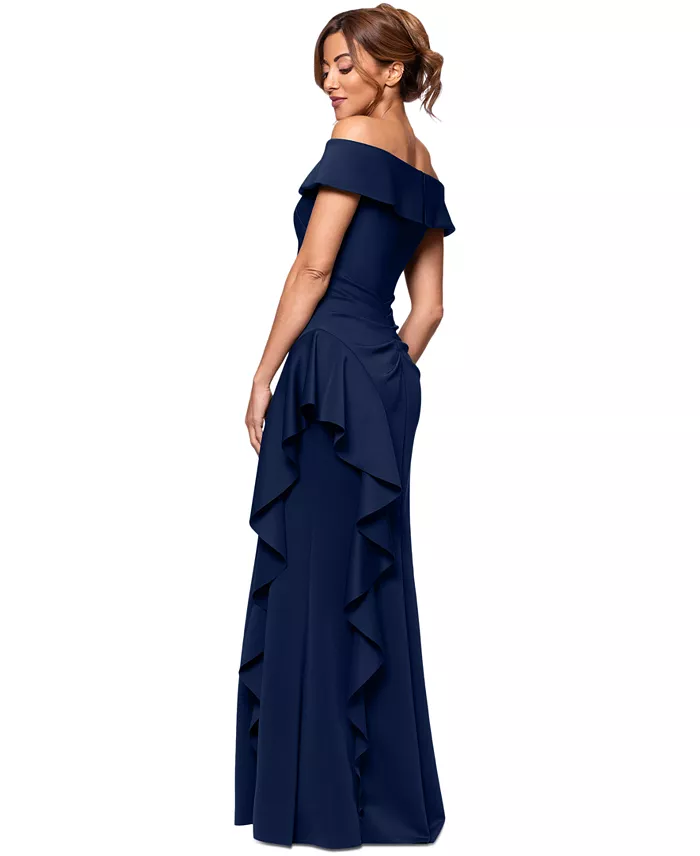 XSCAPE Women's Off-The-Shoulder Ruffled Side-Slit Gown Women's Fashion Shoes & Accessories