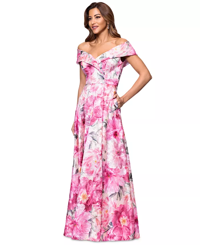 XSCAPE Women's Printed Off-The-Shoulder Gown Women's Fashion Shoes & Accessories